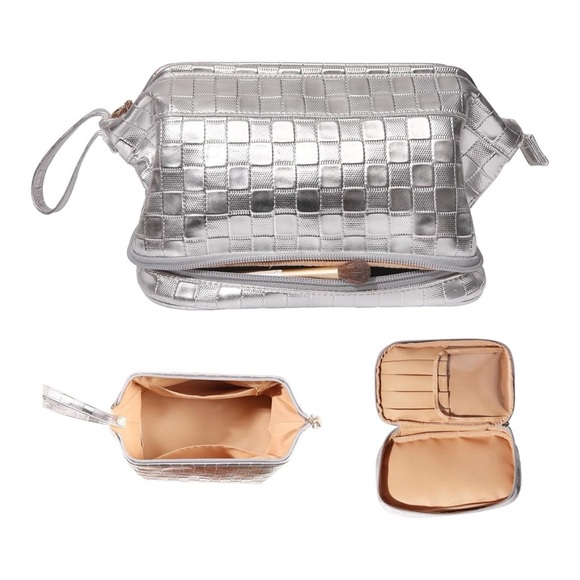 Abiudeng Handbags - ABIUDENG Large Cosmetic Makeup Travel Bag PU Leather Checkerboard Silver